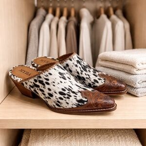 Myra Bag Black & White Cowhide Western Leather Mules with Brown TooledToe Size 6